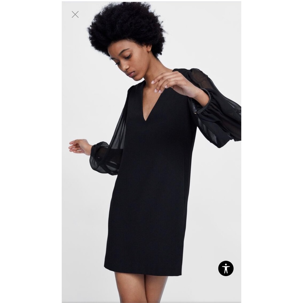 NWT Zara Contrasting Mini Black Dress V-neck with Puff Sleeves XS